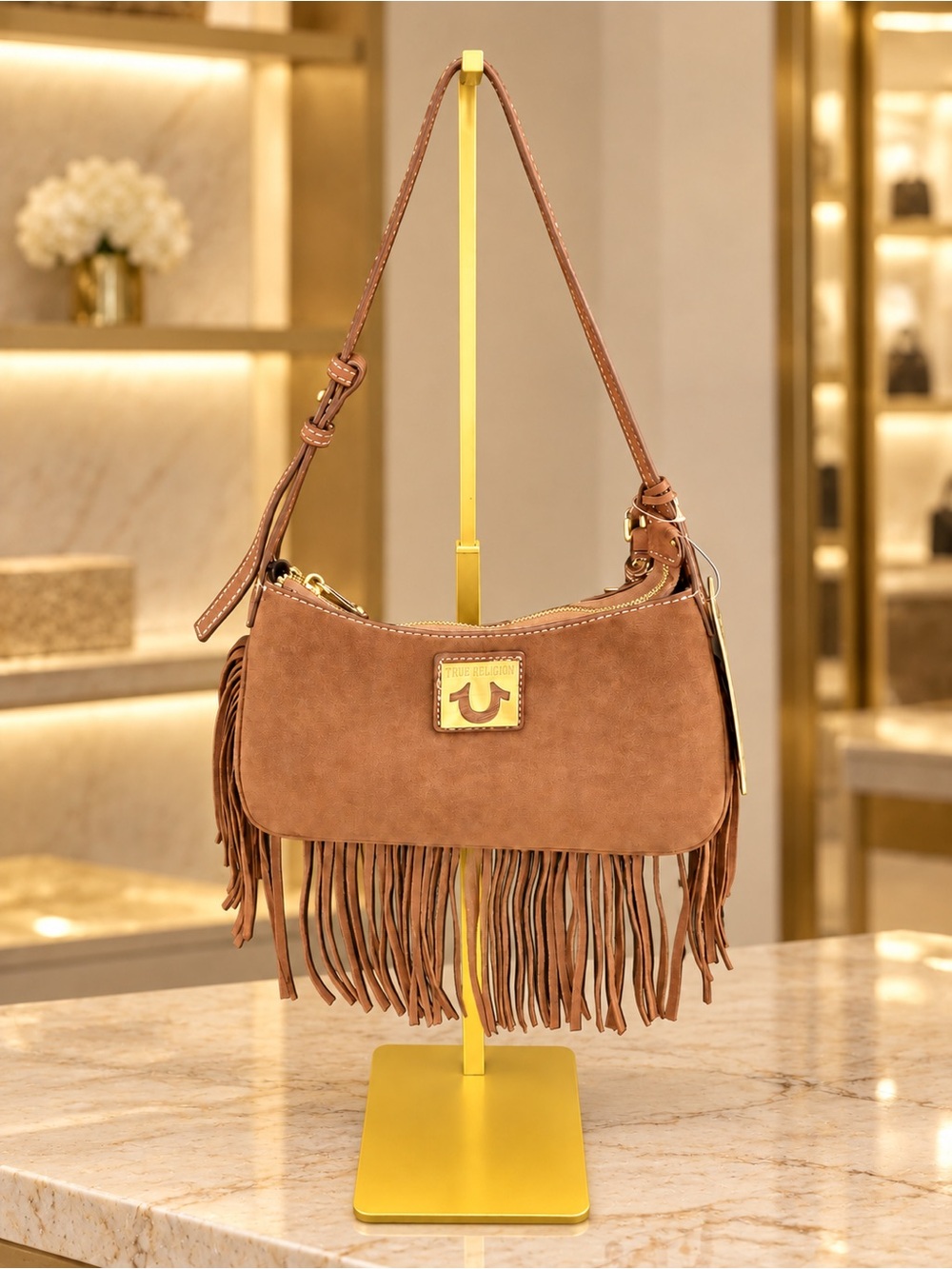 True Religion Brown Suede Fringe Shoulder Bag Gold Hardware NWT